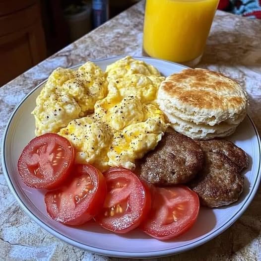 Breakfast Feast with Scrambled Eggs, Sausage Patties, and Biscuits!