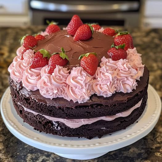 Chocolate Coffee Liqueur Cake with Strawberry Cream Frosting