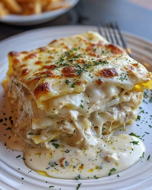 Lasagne z kurczakiem w kremowym sosie z białym sosem